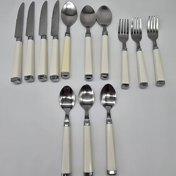 Cambridge Lot of 13 Stainless Steel Flatware with Square Plastic Handle Ivory - Picture 1 of 7